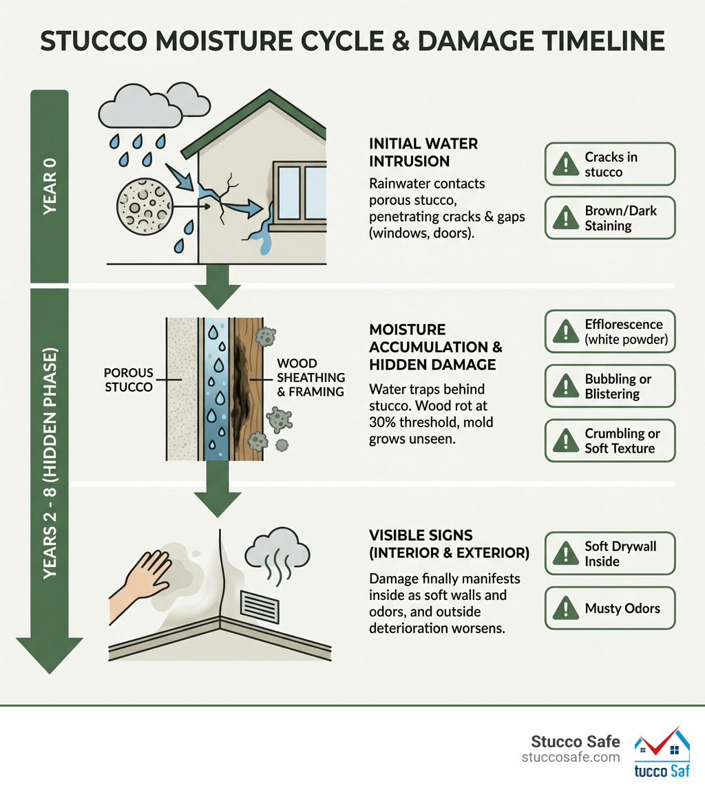 Infographic showing the stucco moisture cycle: rainwater contacts porous stucco surface, water penetrates through cracks and gaps around windows and doors, moisture accumulates behind stucco against wood sheathing, trapped moisture causes wood rot at 30% threshold and mold growth, interior signs appear including soft drywall and musty odors, with a timeline showing 2-8 years from initial intrusion to visible damage, and 7 warning signs listed alongside each stage - stucco siding water damage infographic Infographic showing the stucco moisture cycle: rainwater contacts porous stucco surface, water penetrates through cracks and gaps around windows and doors, moisture accumulates behind stucco against wood sheathing, trapped moisture causes wood rot at 30% threshold and mold growth, interior signs appear including soft drywall and musty odors, with a timeline showing 2-8 years from initial intrusion to visible damage, and 7 warning signs listed alongside each stage - stucco siding water damage infographic