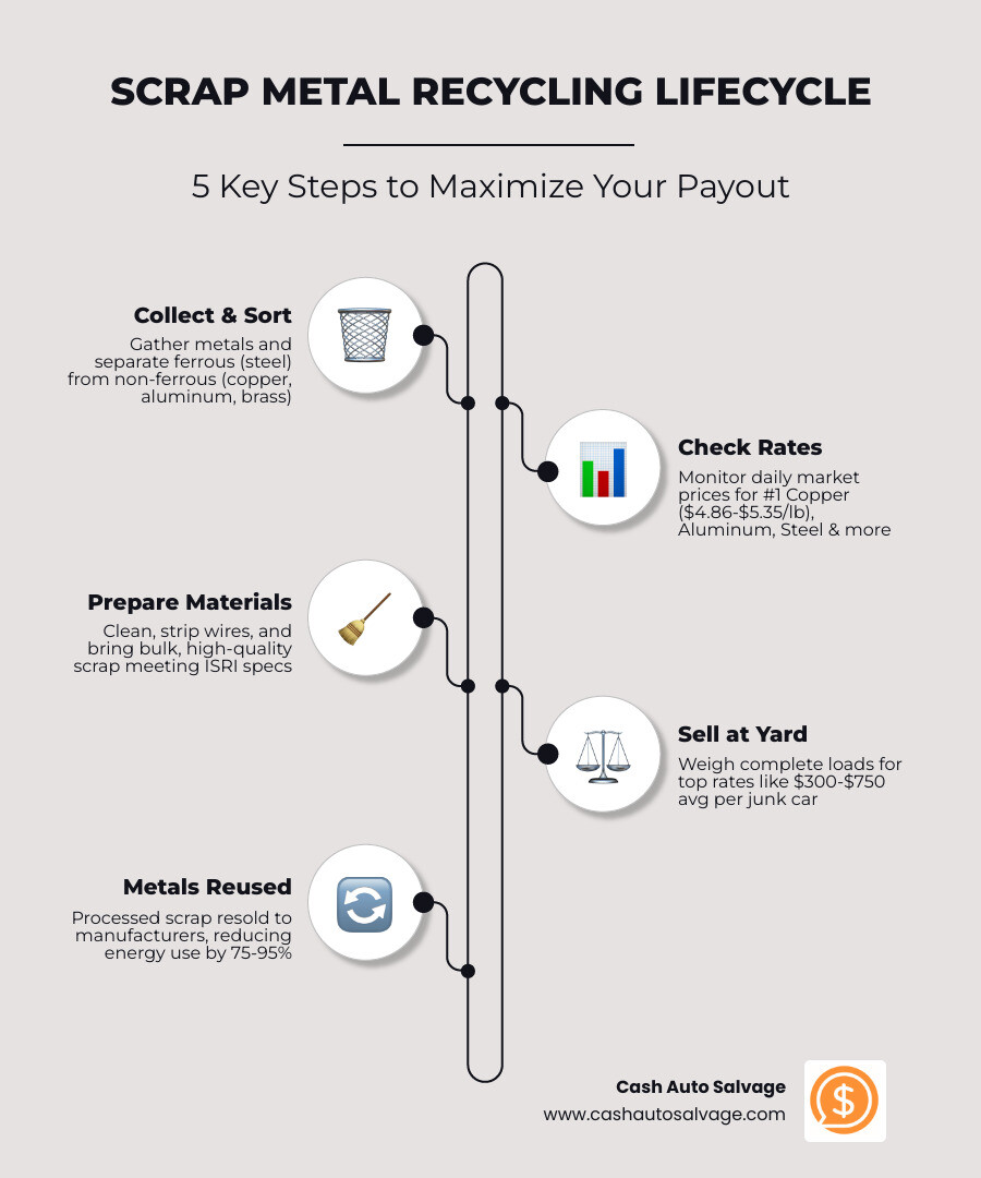 Infographic showing the scrap metal recycling lifecycle: Step 1 - Collect and sort metals by type (ferrous vs non-ferrous); Step 2 - Check daily market rates for copper, aluminum, brass, steel; Step 3 - Bring clean, complete, bulk materials to yard; Step 4 - Receive cash payout based on weight and current rates; Step 5 - Metals are processed and resold to manufacturers; Key tip: Prices update daily — timing and preparation maximize your payout - best price for scrap infographic infographic-line-5-steps-elegant_beige