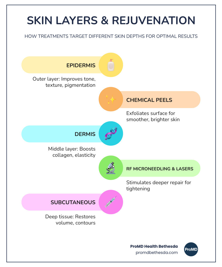 Infographic showing the layers of skin with labeled rejuvenation targets: epidermis for tone and texture treatments like peels and microdermabrasion, dermis for collagen-stimulating treatments like RF microneedling and laser therapy, and deeper tissue for volumizing treatments like dermal fillers, with a timeline showing typical downtime and result duration for each treatment category - skin rejuvenation bethesda infographic infographic-line-5-steps-colors