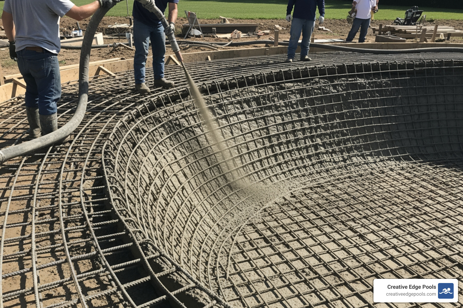gunite being sprayed onto a rebar frame - gunite swimming pool gunite being sprayed onto a rebar frame - gunite swimming pool