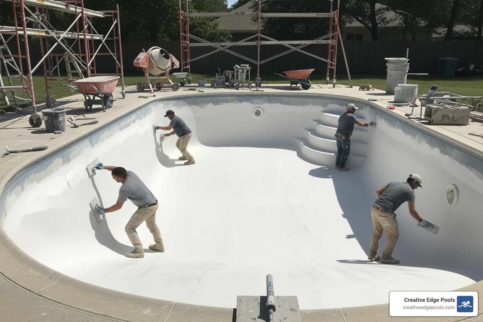 Professional pool resurfacing in progress showing the application of new plaster - swimming pool renovation companies