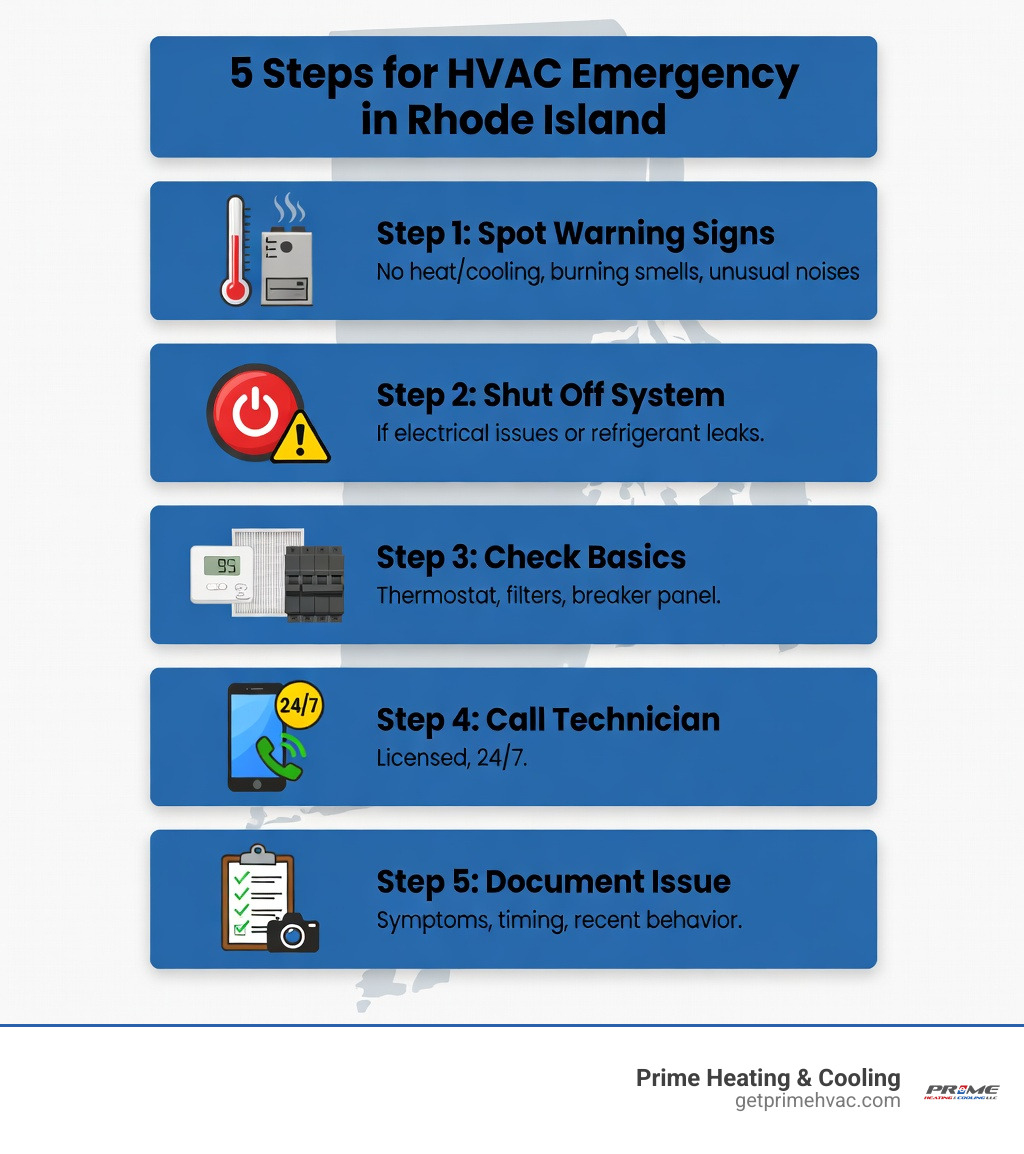 Infographic showing 5 steps to take during an HVAC emergency in Rhode Island: Step 1 - Spot the warning signs like no heat, no cooling, burning smells, or unusual noises; Step 2 - Shut off the system if you notice electrical issues or refrigerant leaks; Step 3 - Check basics including thermostat, filters, and breaker panel; Step 4 - Call a licensed 24/7 HVAC technician right away; Step 5 - Document the issue including symptoms, timing, and recent system behavior - Emergency HVAC Rhode Island infographic 