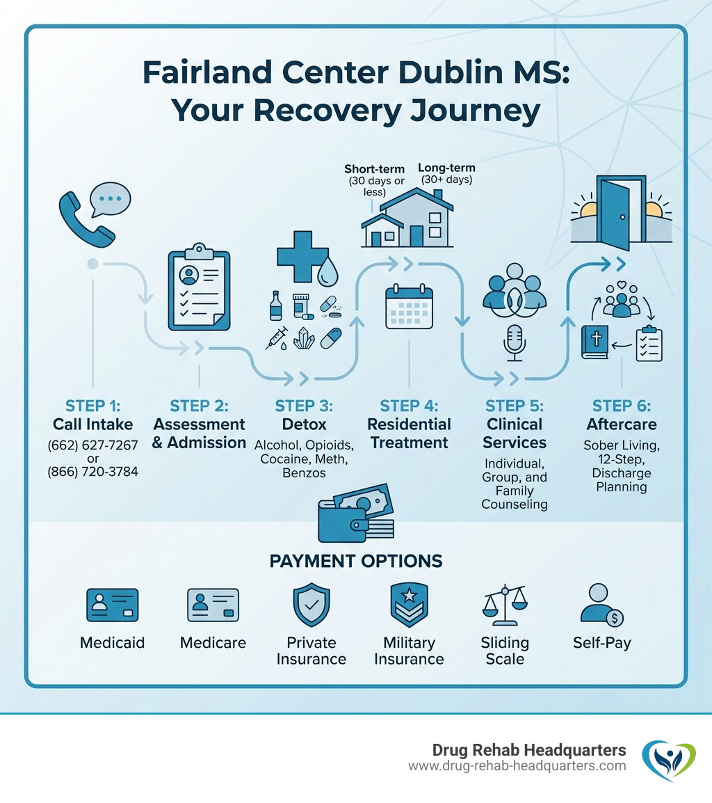 Infographic showing the Fairland Center Dublin MS recovery journey: Step 1 - Call intake at (662) 627-7267 or (866) 720-3784; Step 2 - Assessment and admission; Step 3 - Detox (alcohol, opioids, cocaine, meth, benzos); Step 4 - Residential treatment (short-term 30 days or less, or long-term 30+ days); Step 5 - Clinical services including individual, group, and family counseling; Step 6 - Aftercare, sober living, 12-step, and discharge planning; Payment options: Medicaid, Medicare, private insurance, military insurance, sliding scale, self-pay - Fairland Center Dublin MS infographic 
