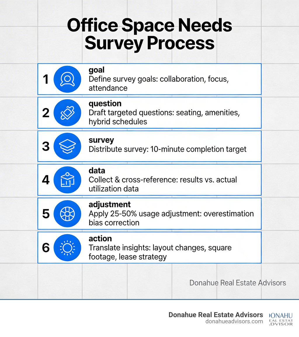 Step-by-step infographic showing the office space needs survey process: Step 1 - Define survey goals (collaboration, focus, attendance); Step 2 - Draft targeted questions on seating, amenities, and hybrid schedules; Step 3 - Distribute survey with a 10-minute completion target; Step 4 - Collect and cross-reference results with actual utilization data; Step 5 - Apply a 25-50% usage adjustment for overestimation bias; Step 6 - Translate insights into layout changes, square footage calculations, or lease strategy; designed in blue and grey with Donahue Real Estate Advisors branding - office space needs survey infographic 