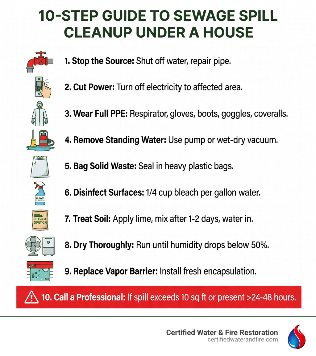 Step-by-step infographic showing the 10-step process to clean up a sewage spill under a house, including icons for each step: stopping the source, cutting power, wearing PPE (respirator, gloves, boots, goggles), removing standing water with a pump, bagging solid waste, disinfecting with bleach solution, treating soil with garden lime, drying with fans and dehumidifiers, replacing vapor barrier, and a final warning threshold indicating professional help is needed for spills over 10 square feet or present more than 24-48 hours - how to clean up sewage spill under house infographic 