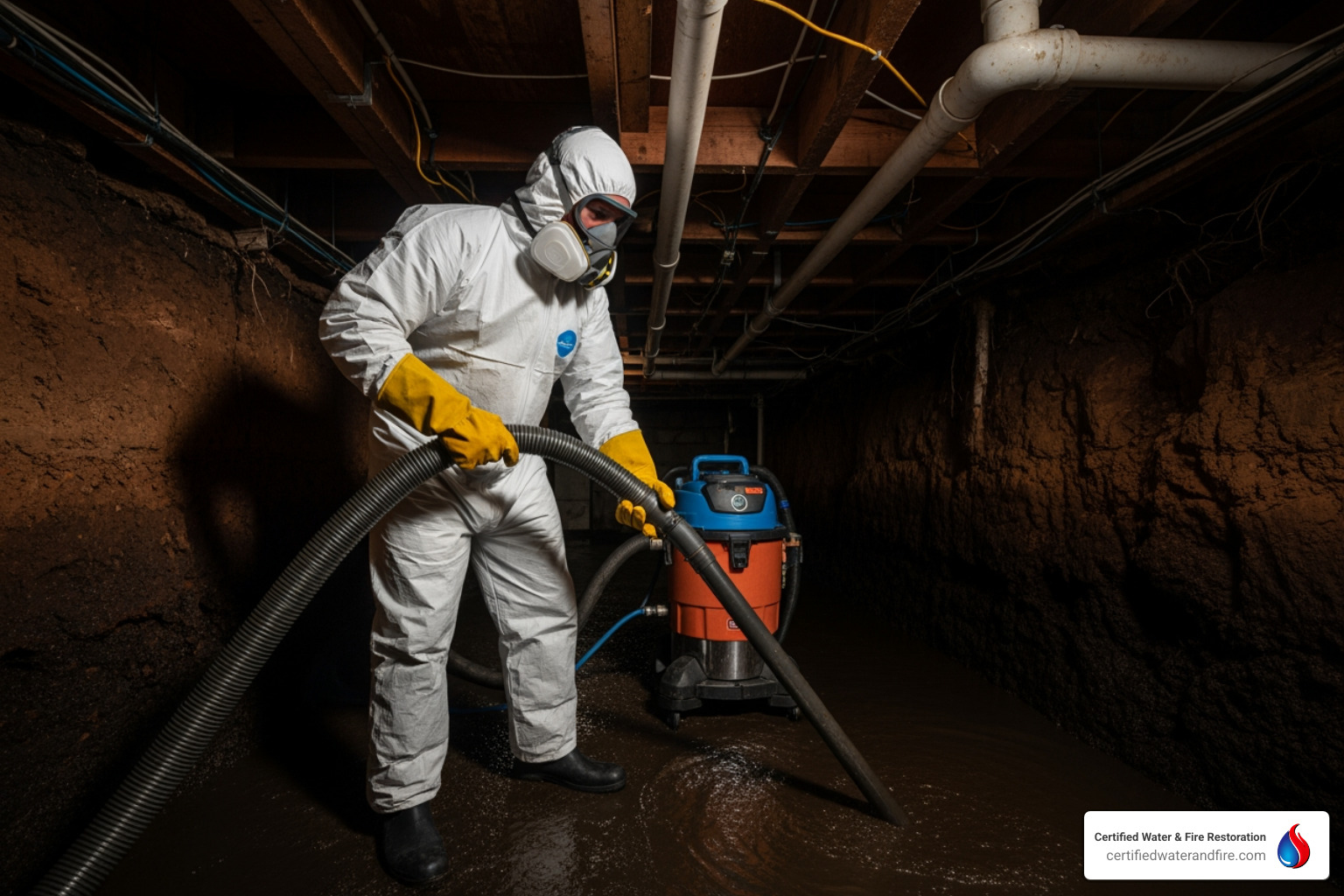 A restoration technician wearing a full white Tyvek suit, respirator, and heavy-duty gloves using a specialized vacuum to extract sewage from a dark crawl space - how to clean up sewage spill under house