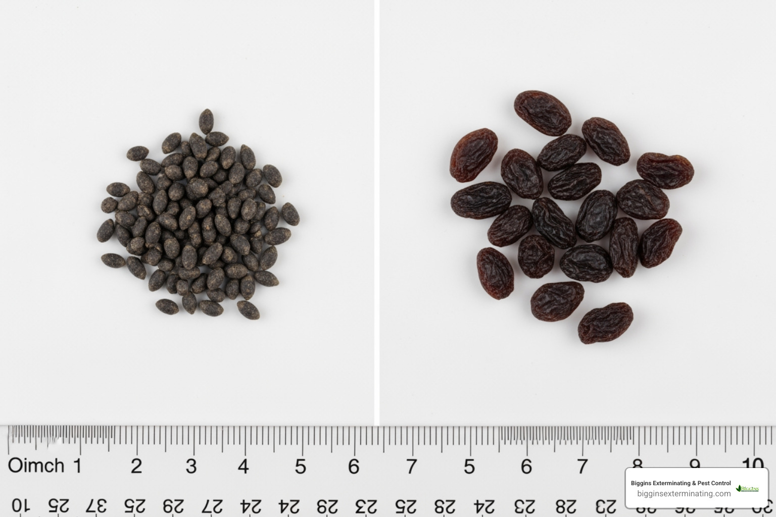 A side-by-side comparison of mouse droppings, which are small and rice-like, versus rat droppings, which are larger and more blunt like a raisin - how to mouse proof your house