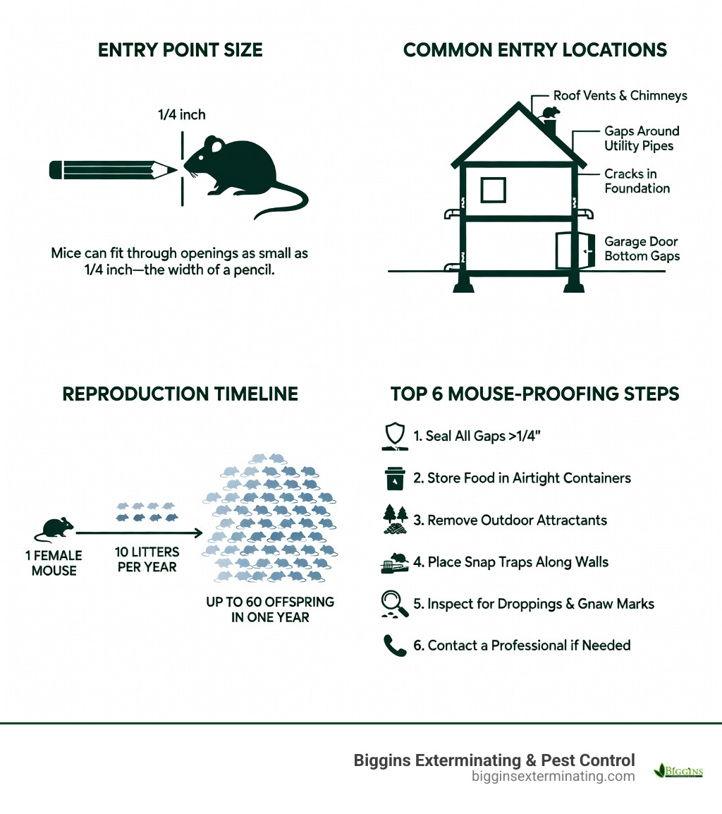 Infographic showing mouse entry point sizes (1/4 inch minimum gap), common entry locations on a house diagram, and a reproduction timeline showing how one female mouse can produce up to 60 offspring in a single year, with a checklist of the top 6 mouse-proofing steps - how to mouse proof your house infographic 