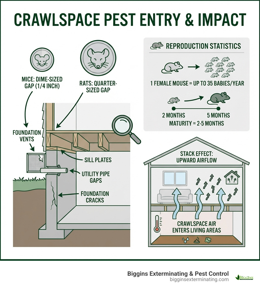 Infographic showing how mice enter crawlspaces: a dime-sized gap (1/4 inch) allows mouse entry, a quarter-sized gap allows rat entry; arrows pointing to common entry points including foundation vents, utility pipe gaps, sill plates, and cracks in the foundation; statistics showing one female mouse produces up to 35 babies per year and baby mice mature in 2-5 months; a cross-section diagram of a home showing the stack effect with air flowing upward from crawlspace to living areas - crawlspace mouse extermination pros infographic 