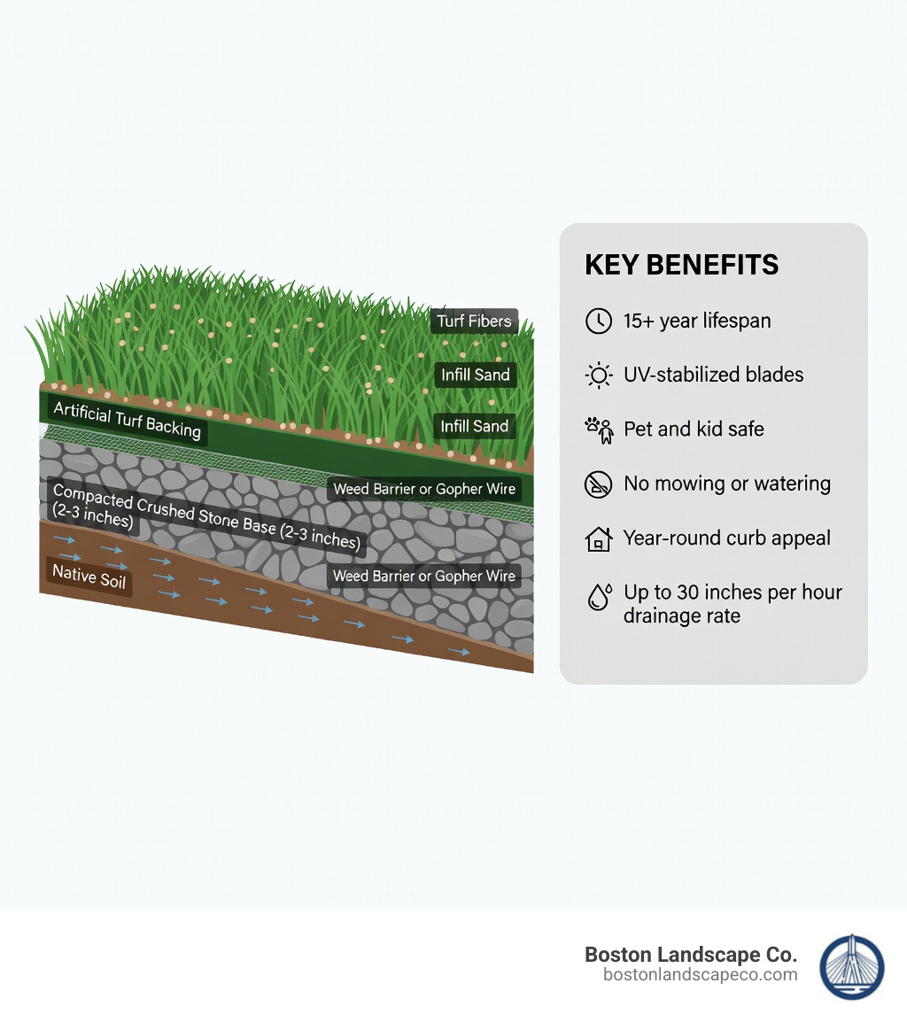 Infographic showing the layers of an artificial turf system from bottom to top: native soil with drainage slope, compacted crushed stone base (2-3 inches), optional weed barrier or gopher wire, artificial turf backing, turf fibers with infill sand; alongside key benefits: 15+ year lifespan, UV-stabilized blades, pet and kid safe, no mowing or watering, year-round curb appeal, up to 30 inches per hour drainage rate - artifical grass install infographic 