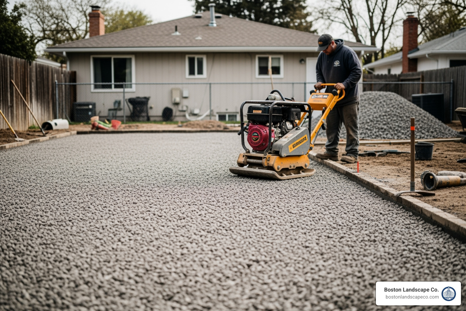 A plate compactor being used to level and firm a crushed stone base for a synthetic lawn project - artifical grass install
