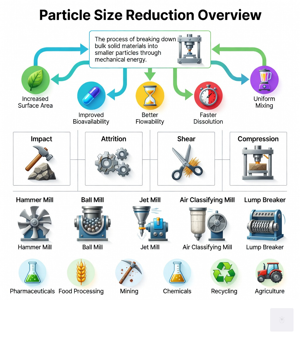 Infographic showing particle size reduction overview Infographic showing particle size reduction overview