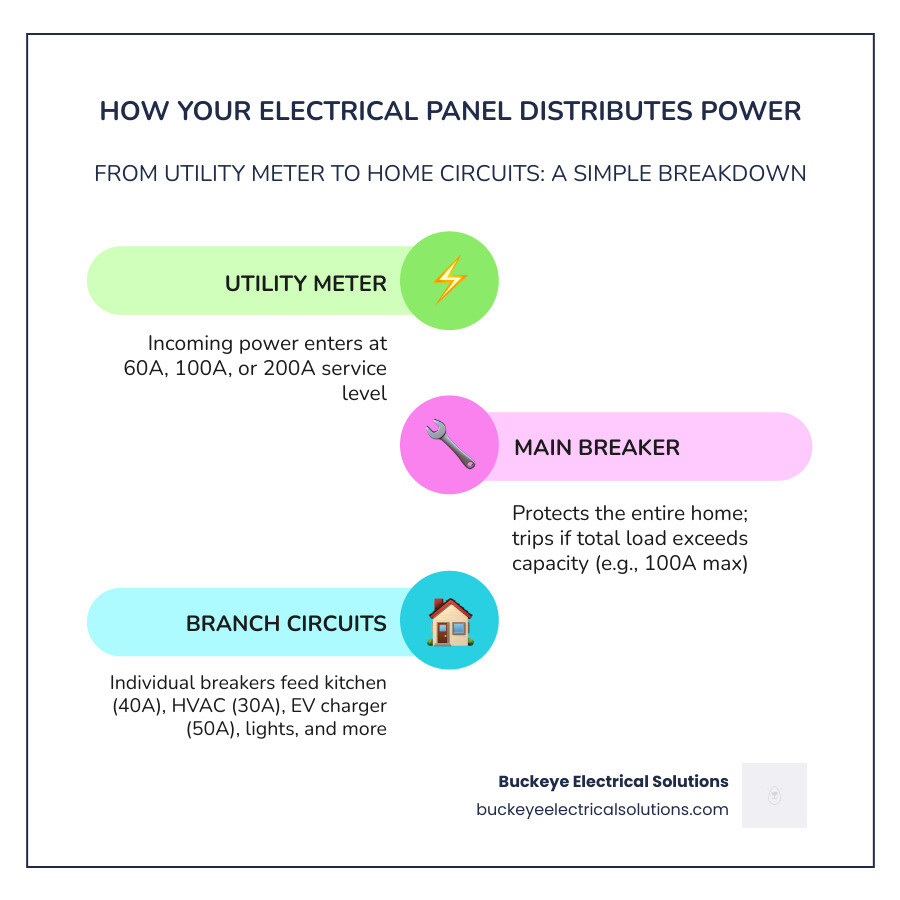 Infographic showing how an electrical panel distributes power from the utility meter through the main breaker to individual circuit breakers, each feeding a different area of the home such as kitchen, HVAC, lighting, and EV charger — with amperage ratings labeled at each stage and callouts for 60A, 100A, and 200A service levels - electrical panel upgrade infographic infographic-line-3-steps-colors