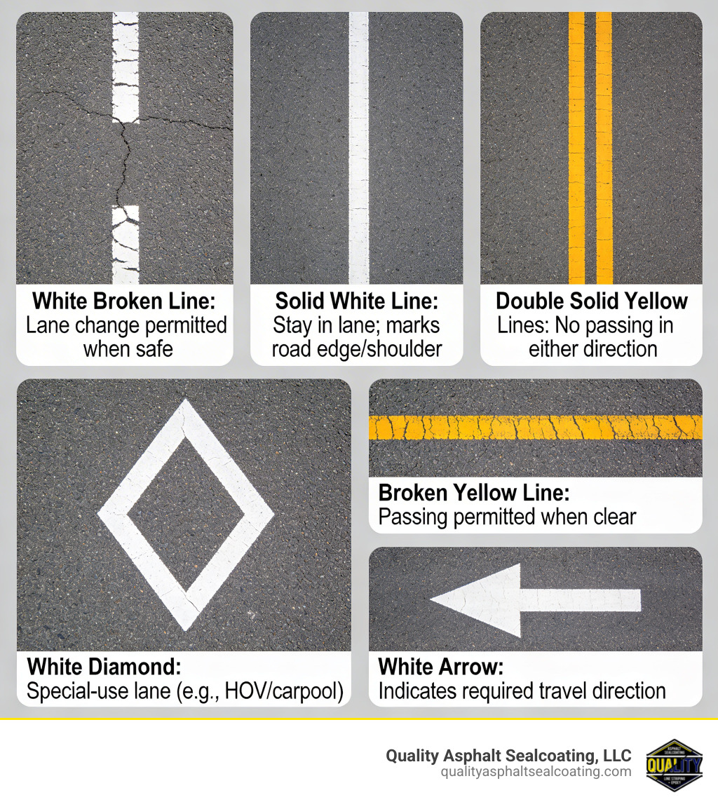 Infographic showing common pavement line markings and their meanings: white broken lines allow lane changes, solid white lines mark edges or restrict movement, double solid yellow lines prohibit passing in both directions, broken yellow lines permit passing when clear, white diamonds indicate HOV lanes, and arrows show required travel direction &mdash; with color-coded examples for roads and parking lots - line marking pavement infographic 
