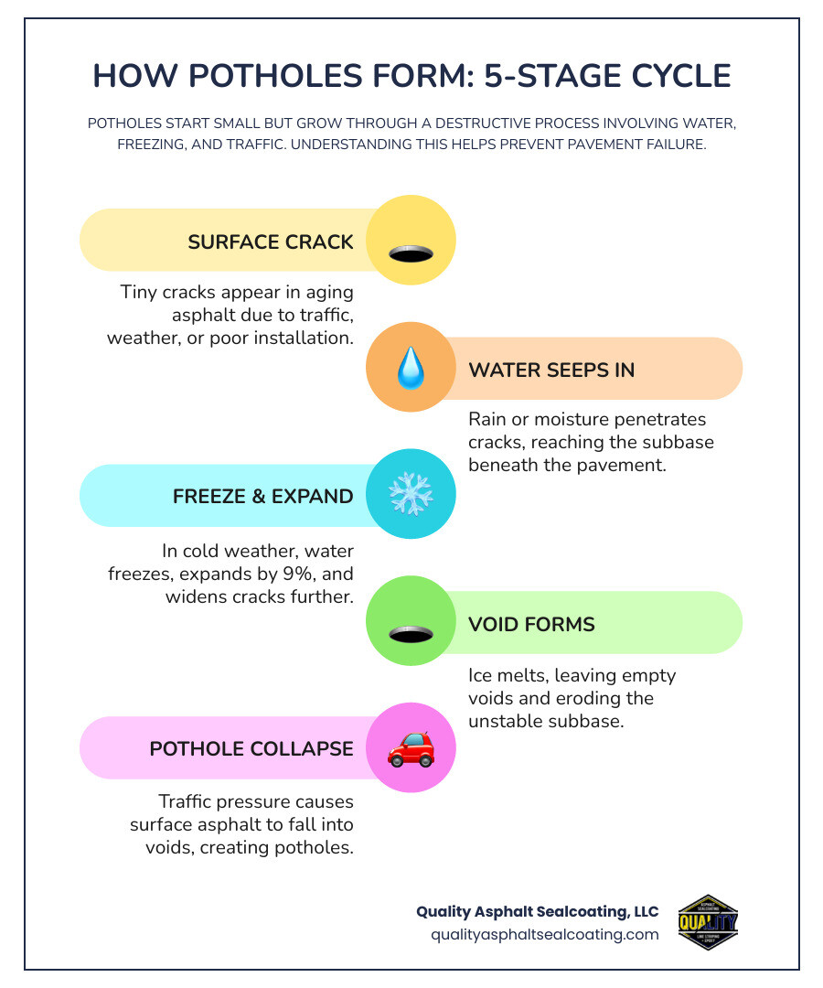Infographic showing the 5-stage pothole formation cycle: (1) Surface crack appears in asphalt; (2) Water seeps through crack into subbase; (3) Water freezes and expands in cold temperatures; (4) Ice melts, leaving a void beneath the surface; (5) Traffic pressure causes pavement to collapse into the void, forming a pothole &mdash; with labels for each stage and arrows showing progression - Asphalt pothole repair services infographic infographic-line-5-steps-colors