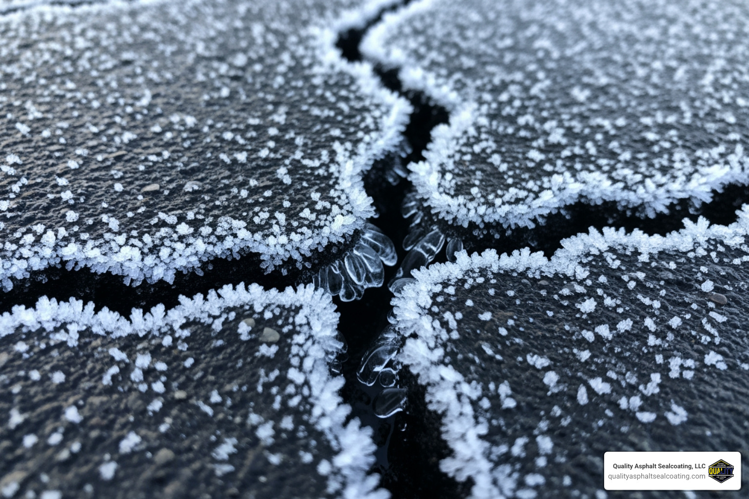 Water freezing in pavement cracks and expanding - Asphalt pothole repair services