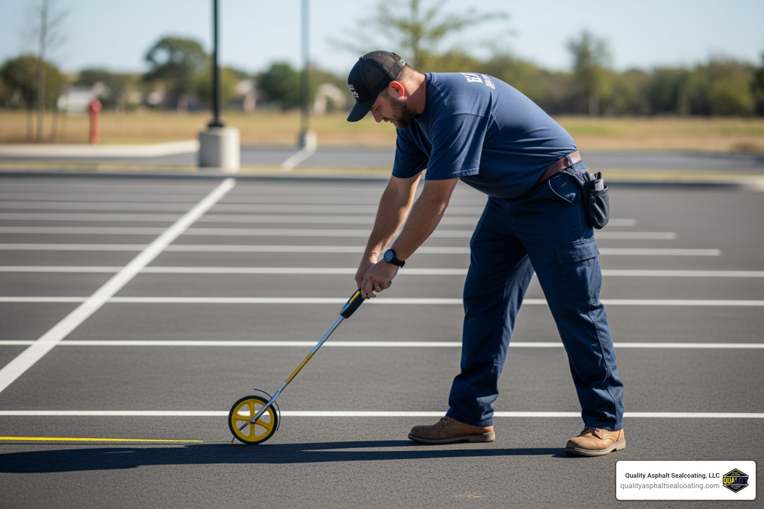 Contractor measuring a parking lot for a striping estimate - parking lot striping price