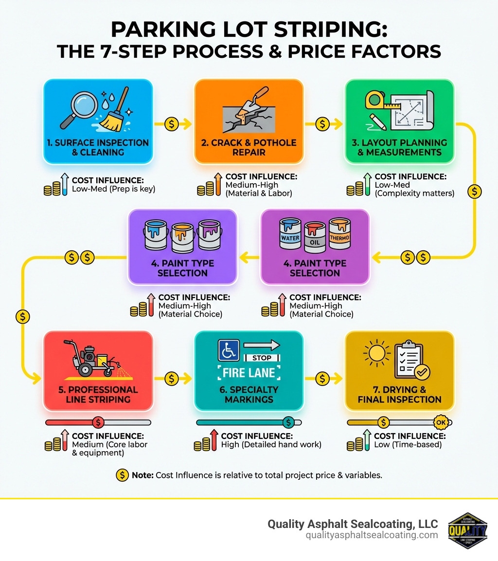 Infographic showing the parking lot striping process from start to finish: Step 1 surface inspection and cleaning, Step 2 crack and pothole repair, Step 3 layout planning and measurements, Step 4 paint type selection (water-based, oil-based, thermoplastic), Step 5 line striping with professional machine, Step 6 specialty markings (handicap symbols, arrows, stop bars, fire lanes), Step 7 drying and inspection, with icons and cost influence indicators at each step - parking lot striping price infographic 