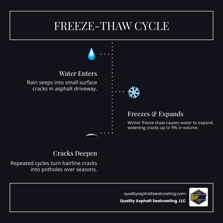 Infographic showing the freeze-thaw cycle: rainwater enters asphalt crack, freezes and expands in winter causing crack to widen, thaws in spring causing contraction, repeated cycles lead to deeper cracks and eventual pothole formation; also showing crack width scale from hairline to 2 inches with corresponding repair methods and urgency levels - Crack repair asphalt driveway infographic infographic-line-3-steps-dark Infographic showing the freeze-thaw cycle: rainwater enters asphalt crack, freezes and expands in winter causing crack to widen, thaws in spring causing contraction, repeated cycles lead to deeper cracks and eventual pothole formation; also showing crack width scale from hairline to 2 inches with corresponding repair methods and urgency levels - Crack repair asphalt driveway infographic infographic-line-3-steps-dark