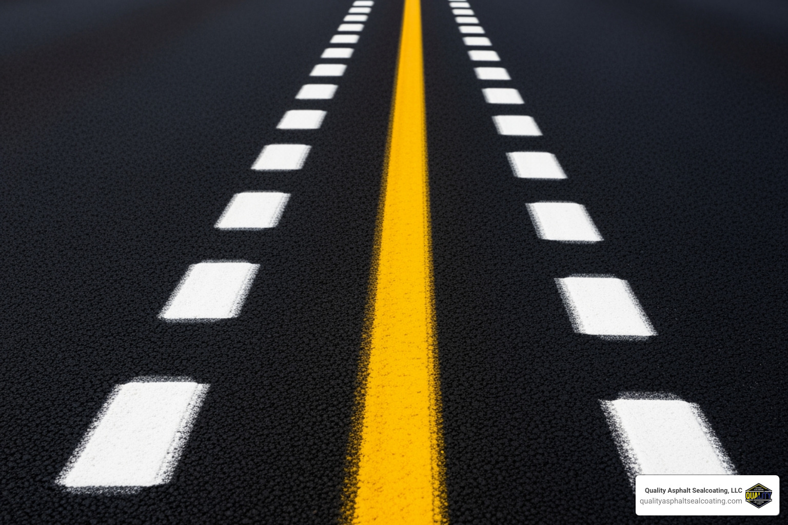 A close-up of longitudinal white dashed lines and a solid yellow center line on a freshly paved road, demonstrating high-contrast visibility - road line marking