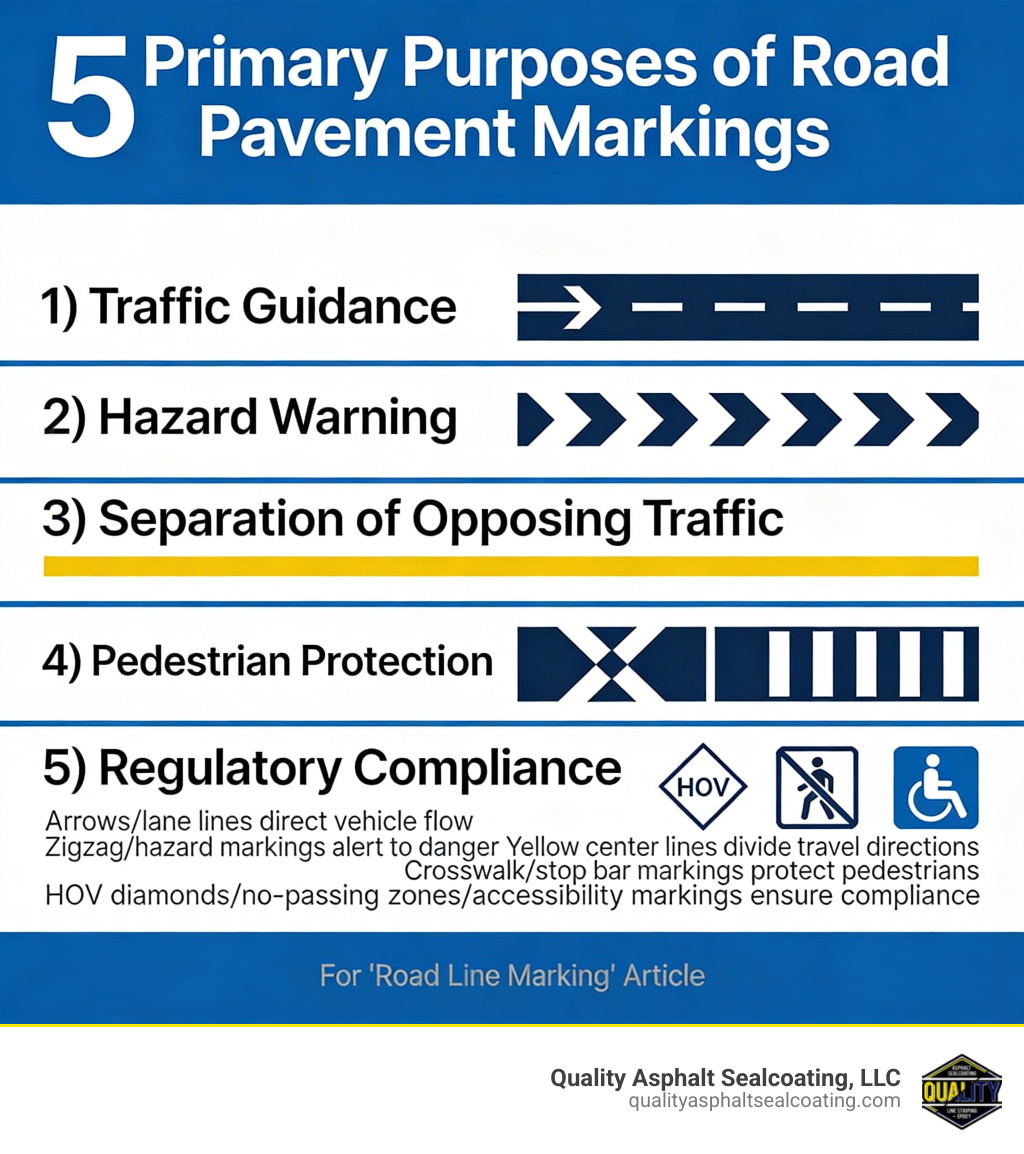 Infographic showing the 5 primary purposes of road pavement markings: 1) Traffic guidance - arrows and lane lines directing vehicle flow; 2) Hazard warning - zigzag lines and hazard markings alerting drivers to danger ahead; 3) Separation of opposing traffic - yellow center lines dividing directions of travel; 4) Pedestrian protection - crosswalk and stop bar markings; 5) Regulatory compliance - HOV diamonds, no-passing zones, and accessibility markings - road line marking infographic 