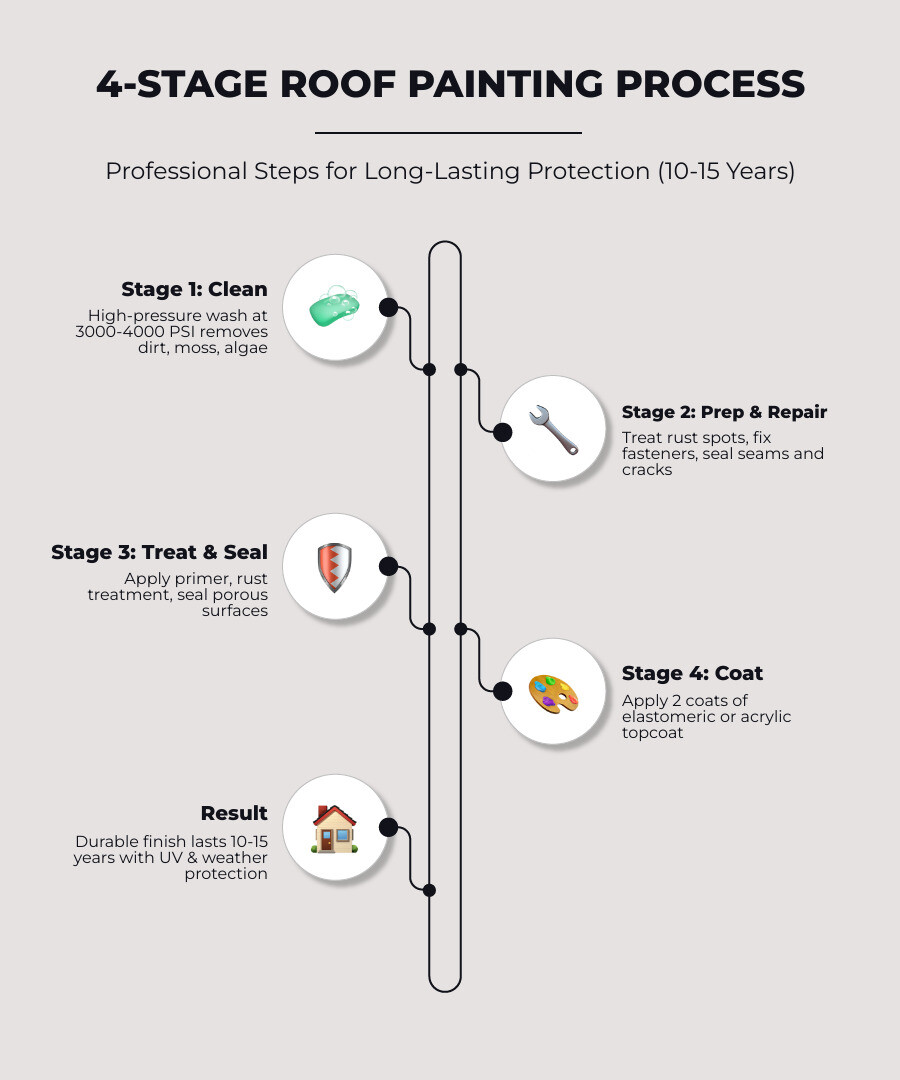 Infographic showing the 4-stage roof painting process: Stage 1 - Clean (high-pressure wash at 3000-4000 PSI to remove dirt, moss, and algae); Stage 2 - Prep and Repair (treat rust spots, fix fasteners, seal seams and cracks); Stage 3 - Treat and Seal (apply primer and rust treatment, seal porous surfaces); Stage 4 - Coat (apply 2 coats of elastomeric or acrylic topcoat); with cost ranges and lifespan of 10-15 years shown at the bottom - affordable roof painting infographic infographic-line-5-steps-elegant_beige Infographic showing the 4-stage roof painting process: Stage 1 - Clean (high-pressure wash at 3000-4000 PSI to remove dirt, moss, and algae); Stage 2 - Prep and Repair (treat rust spots, fix fasteners, seal seams and cracks); Stage 3 - Treat and Seal (apply primer and rust treatment, seal porous surfaces); Stage 4 - Coat (apply 2 coats of elastomeric or acrylic topcoat); with cost ranges and lifespan of 10-15 years shown at the bottom - affordable roof painting infographic infographic-line-5-steps-elegant_beige