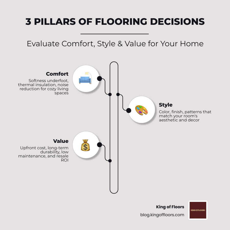 Infographic showing the 3 pillars of residential flooring decisions: Comfort (softness underfoot, insulation, noise reduction), Style (colour, finish, pattern, room compatibility), and Value (upfront cost, durability, maintenance, resale ROI) with popular flooring types mapped to each pillar including engineered hardwood, laminate, vinyl, tile, carpet, cork, and bamboo, along with average CAD cost ranges per square foot for each - residential flooring options infographic infographic-line-3-steps-elegantmd5-738faae21b5c42fe2a569d4f2c625692beige
