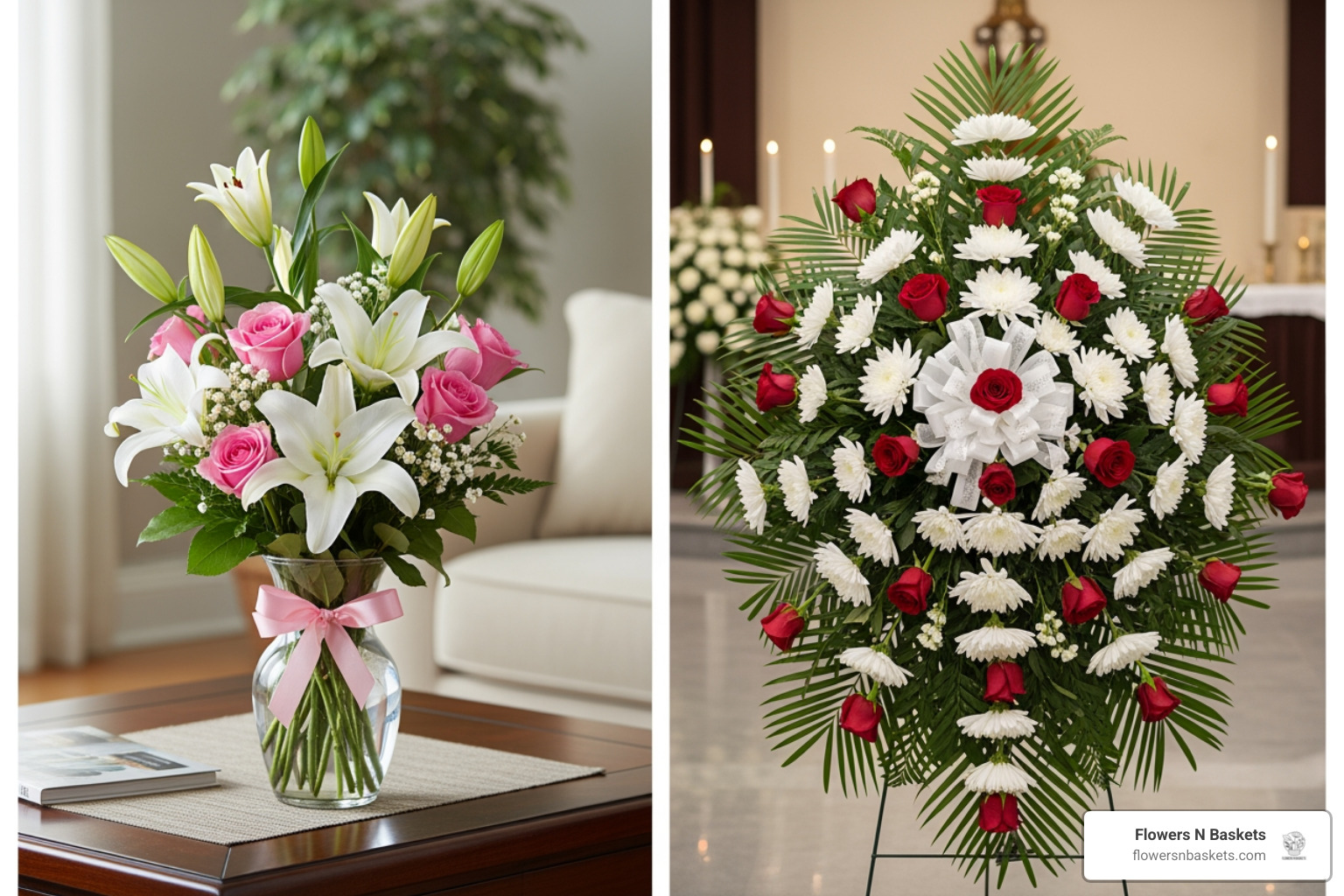 A small, elegant vased sympathy bouquet for a home coffee table compared to a large, formal standing spray on an easel for a funeral service - sympathy flowers