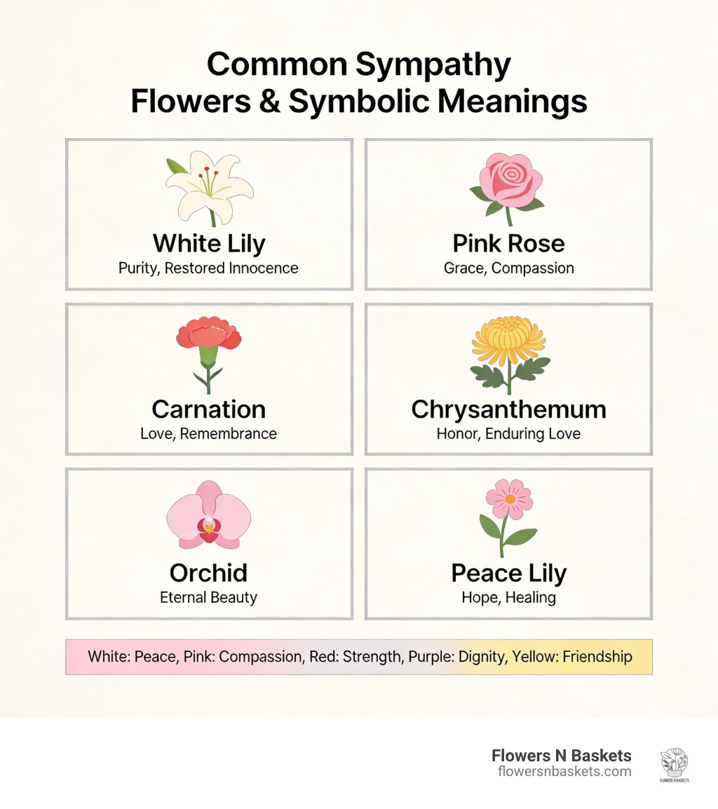 Infographic showing common sympathy flowers and their symbolic meanings: white lily representing purity and restored innocence, pink rose for grace and compassion, carnation for love and remembrance, chrysanthemum for honor and enduring love, orchid for eternal beauty, peace lily for hope and healing, with a color key showing white for peace, pink for compassion, red for strength, purple for dignity, and yellow for friendship - sympathy flowers infographic