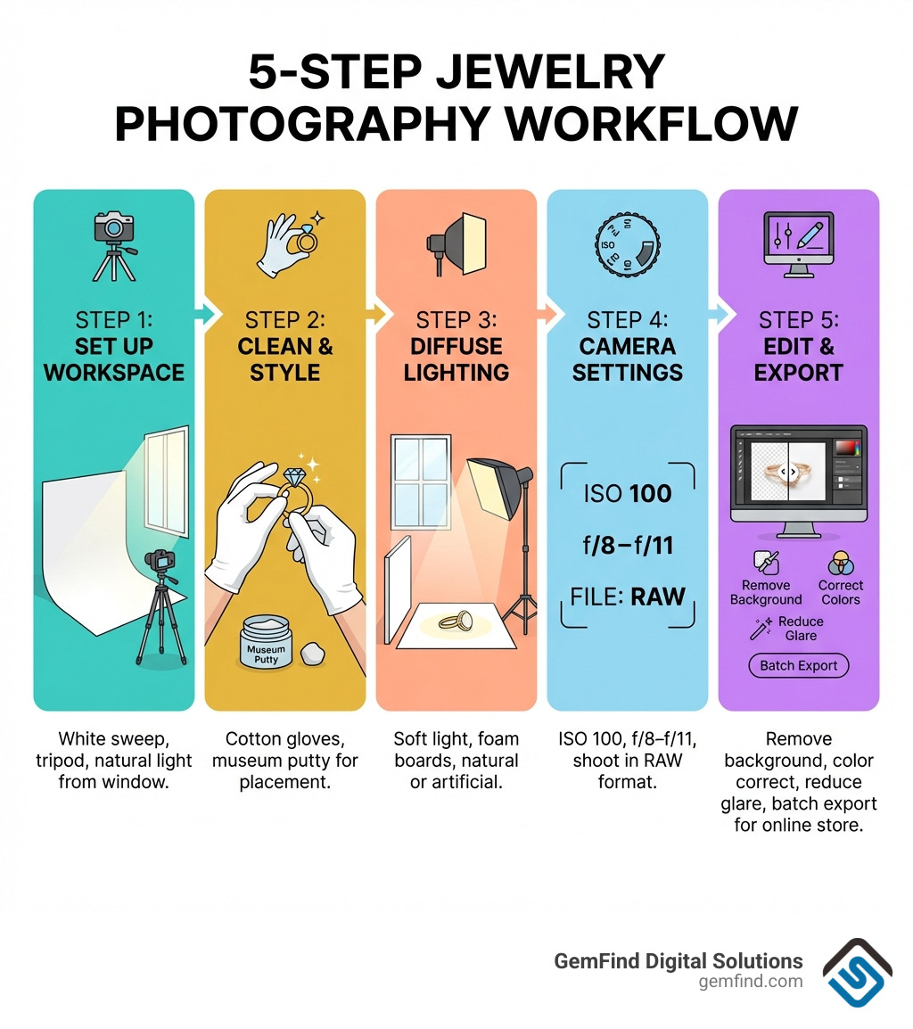 Infographic showing a 5-step jewelry photography workflow: Step 1 - Set up your workspace with a white sweep background and tripod near a window; Step 2 - Clean and style your jewelry using cotton gloves and museum putty; Step 3 - Set up soft diffused lighting using foam boards and natural or artificial light; Step 4 - Dial in camera settings at ISO 100, aperture f/8 to f/11, and shoot in RAW format; Step 5 - Edit your photos to remove backgrounds, correct colors, reduce glare, and batch export for your online store - jewelry product photography tips infographic 