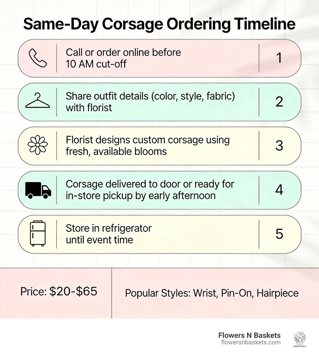 Infographic showing the same-day corsage ordering timeline: Step 1 - Call or order online before 10 AM cut-off; Step 2 - Share outfit details (color, style, fabric) with florist; Step 3 - Florist designs custom corsage using fresh, available blooms; Step 4 - Corsage is delivered to your door or ready for in-store pickup by early afternoon; Step 5 - Store in refrigerator until event time; with price range $20-$65 and popular styles: wrist, pin-on, hairpiece - corsage near me same day infographic