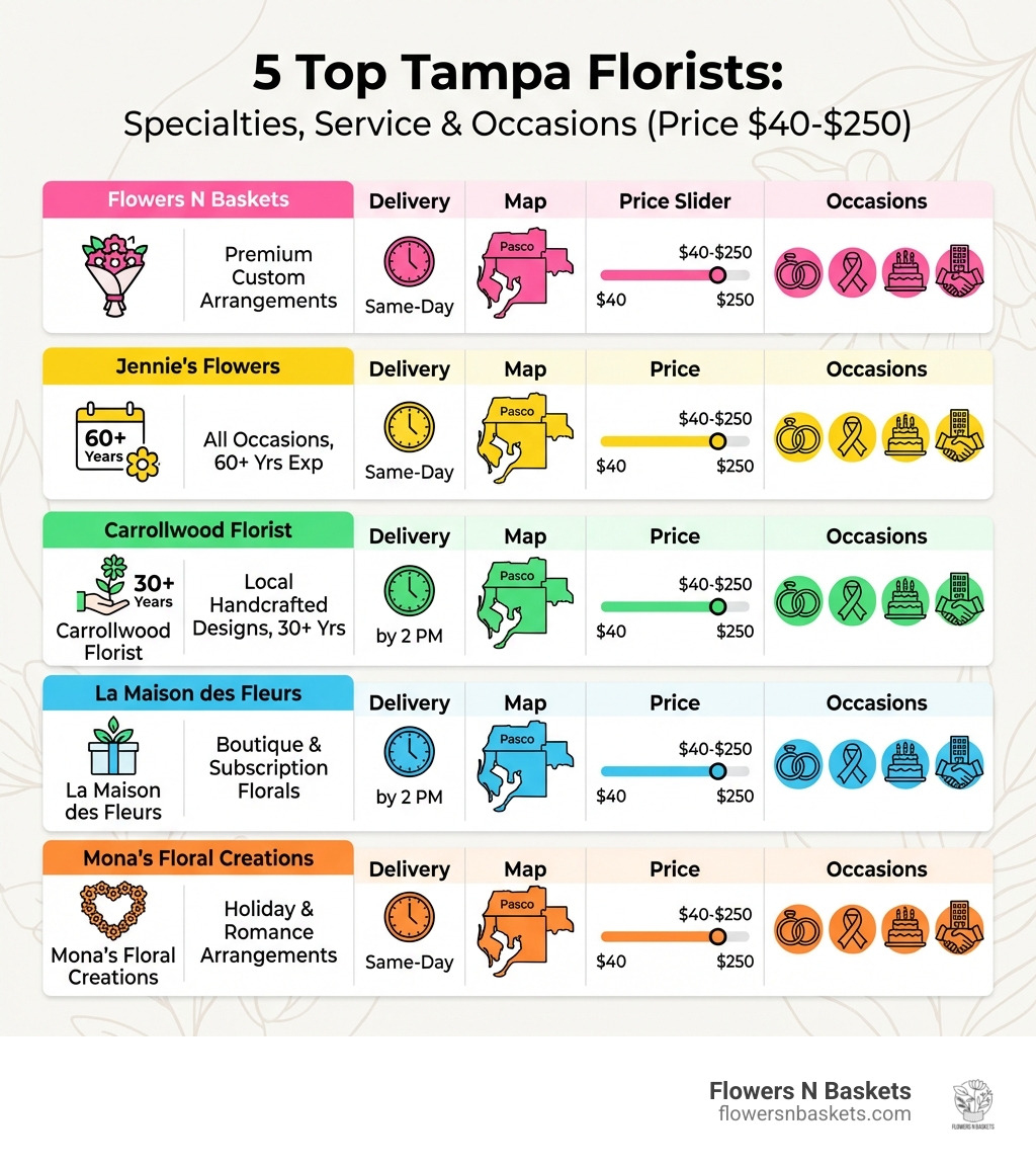 Infographic showing five top Tampa florists with their specialties, same-day delivery cutoff times, service areas including Hillsborough, Pasco, and Pinellas Counties, price ranges from $40 to $250, and key occasion types each florist serves such as weddings, sympathy, birthdays, and corporate events - florist tampa infographic Infographic showing five top Tampa florists with their specialties, same-day delivery cutoff times, service areas including Hillsborough, Pasco, and Pinellas Counties, price ranges from $40 to $250, and key occasion types each florist serves such as weddings, sympathy, birthdays, and corporate events - florist tampa infographic
