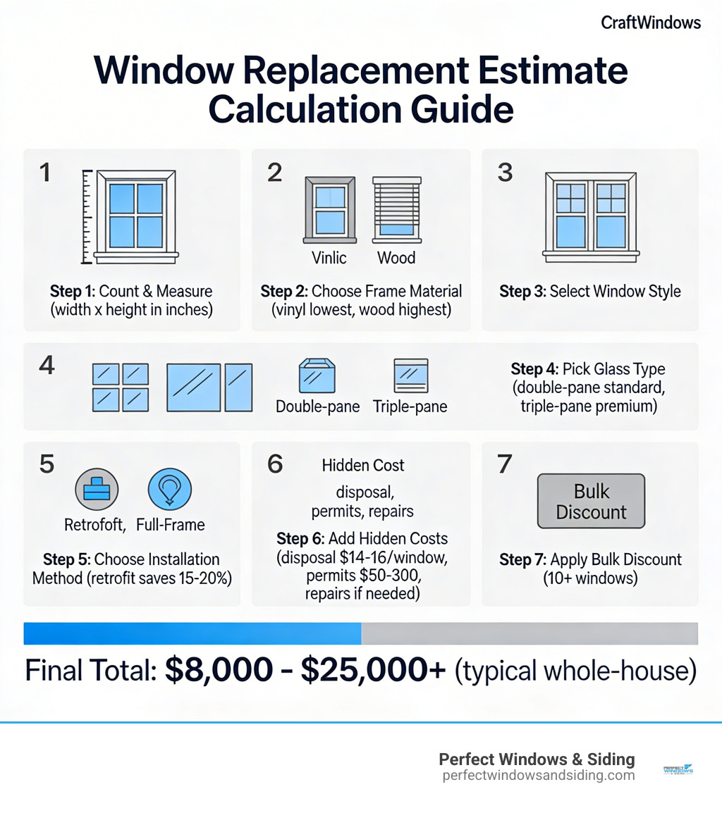 Step-by-step infographic showing how a window replacement estimate is calculated: Step 1 - Count your windows and measure each one (width x height in inches); Step 2 - Choose your frame material (vinyl lowest cost, wood highest); Step 3 - Select your window style (casement, double-hung, picture, etc.); Step 4 - Pick your glass type (double-pane standard, triple-pane premium); Step 5 - Choose installation method (retrofit saves 15-20% vs. full-frame); Step 6 - Add hidden costs (disposal $14-16/window, permits $50-300, repairs if needed); Step 7 - Apply bulk discount if replacing 10+ windows; Final total shown as a cost range bar from $8,000 to $25,000+ for a typical whole-house project - window replacement estimate infographic 