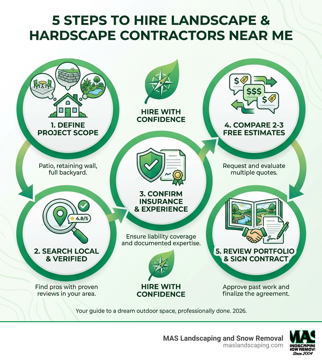 Infographic showing 5 steps to hire landscape and hardscape contractors near me: Step 1 - Define your project scope (patio, retaining wall, full backyard); Step 2 - Search local contractors with verified reviews; Step 3 - Confirm insurance and experience; Step 4 - Get 2-3 free estimates and compare; Step 5 - Review portfolio and sign a clear contract before work begins - landscape and hardscape contractors near me infographic 