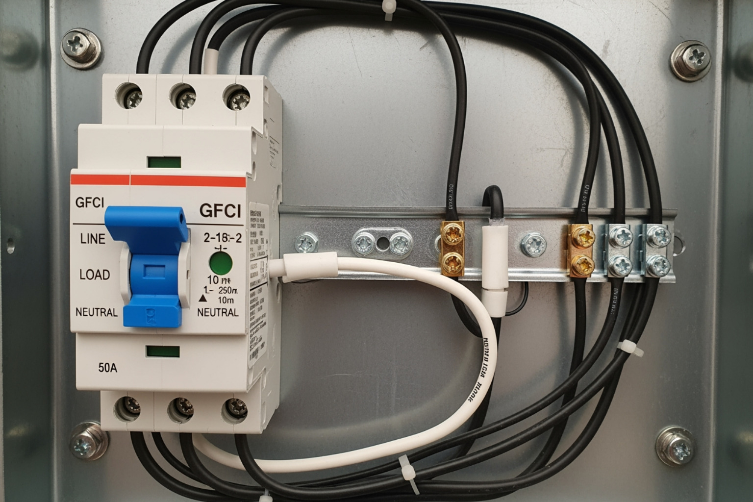 Inside of a correctly wired 50A GFCI spa sub-panel. Shows the 2-pole GFCI breaker, the white neutral pigtail connected to the neutral bus bar, the load neutral connected directly to the breaker, and the ground wires separated on their own bar. Clear labels for Line and Load. - gfci sub panel for hot tub Inside of a correctly wired 50A GFCI spa sub-panel. Shows the 2-pole GFCI breaker, the white neutral pigtail connected to the neutral bus bar, the load neutral connected directly to the breaker, and the ground wires separated on their own bar. Clear labels for Line and Load. - gfci sub panel for hot tub