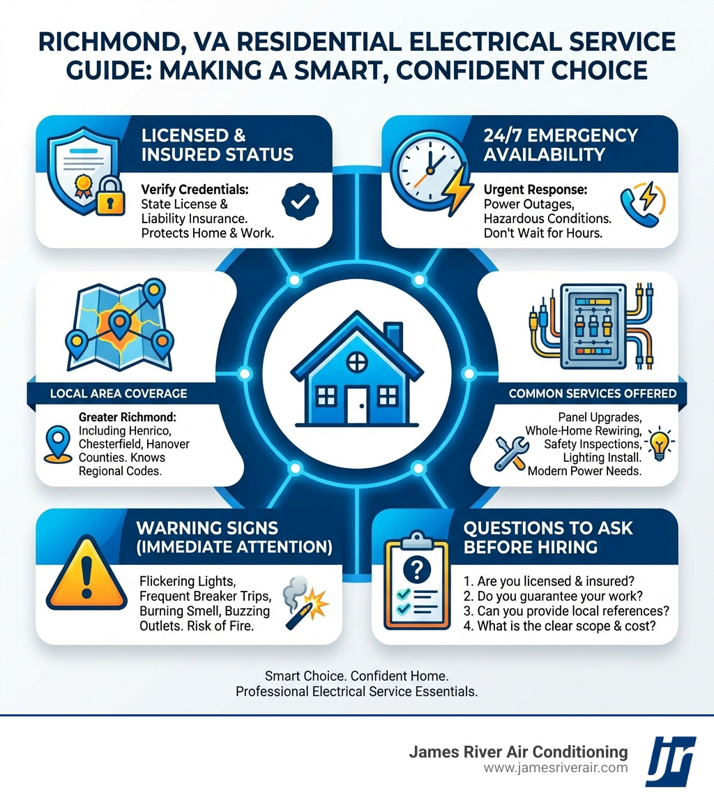 Infographic showing key criteria for choosing residential electrical service in Richmond VA: licensed and insured status, 24/7 emergency availability, local service area coverage including Henrico, Chesterfield, and Hanover counties, common services offered such as panel upgrades and rewiring, warning signs that require immediate attention, and questions to ask before hiring - electrical service in richmond, va infographic Infographic showing key criteria for choosing residential electrical service in Richmond VA: licensed and insured status, 24/7 emergency availability, local service area coverage including Henrico, Chesterfield, and Hanover counties, common services offered such as panel upgrades and rewiring, warning signs that require immediate attention, and questions to ask before hiring - electrical service in richmond, va infographic