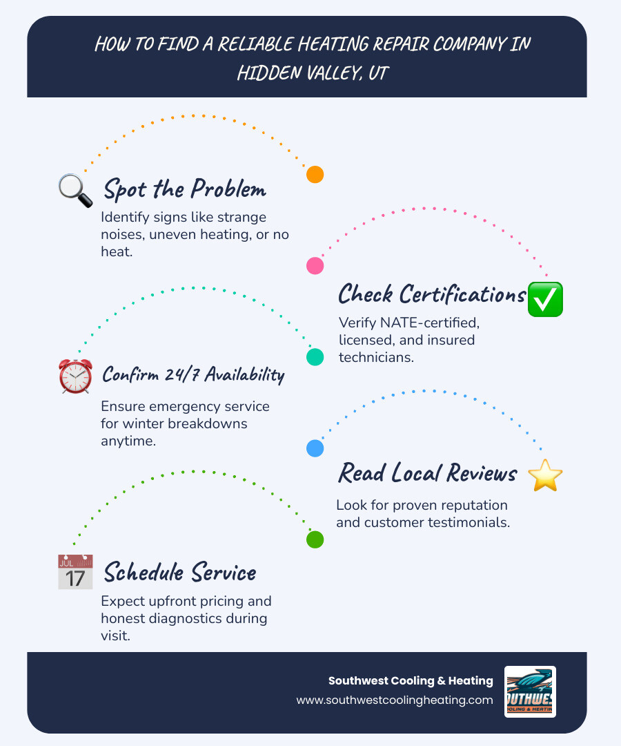 Infographic showing how to find and hire a heating repair company in Hidden Valley UT: step-by-step process from identifying heating problems, checking for licensed and NATE-certified technicians, verifying 24/7 emergency availability, reading local reviews, confirming upfront pricing, scheduling service, and what to expect during the repair visit - heating repair company in hidden valley, ut infographic infographic-line-5-steps-blues-accent_colors