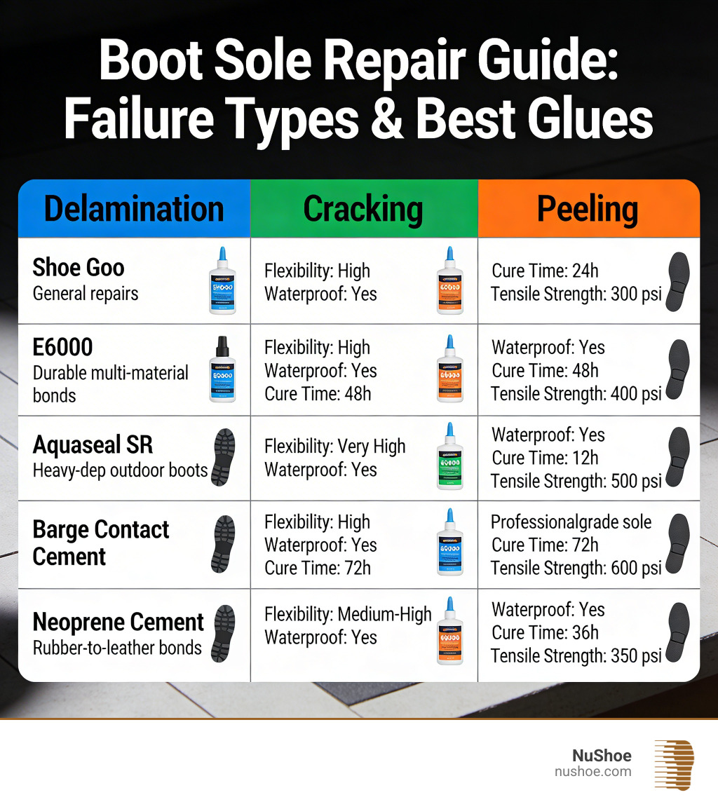 Infographic showing the most common boot sole failure types (delamination, cracking, peeling), matched to the best repair glue for each, with key properties like flexibility, waterproofing, cure time, and tensile strength listed for Shoe Goo, E6000, Aquaseal SR, Barge Contact Cement, and Neoprene Cement - boot sole repair glue infographic 