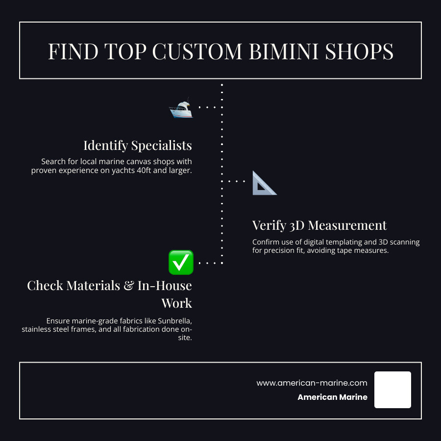 Infographic showing the step-by-step process for finding and evaluating custom bimini top shops near you: Step 1 - Identify local marine canvas specialists with large-vessel experience; Step 2 - Confirm 3D digital measurement capability; Step 3 - Verify marine-grade materials (Sunbrella, Stamoid, stainless steel frames); Step 4 - Review portfolio for yachts 40ft and above; Step 5 - Confirm all fabrication is done in-house; Step 6 - Schedule an on-site or on-vessel consultation - custom bimini tops near me infographic infographic-line-3-steps-dark