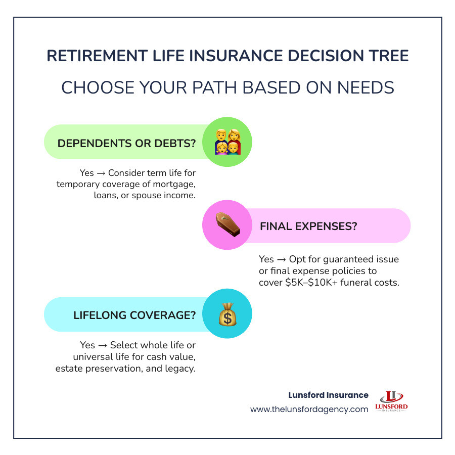Infographic showing a retirement insurance decision tree: starting with "Do you have dependents or debts?" branching to term life or no coverage needed; "Do you want to cover final expenses?" branching to guaranteed issue or final expense policy; "Do you want lifelong coverage with cash value?" branching to whole life or universal life; "Do you have an existing policy?" branching to options: surrender, loan, 1035 exchange to annuity - retirement life insurance options infographic infographic-line-3-steps-colors