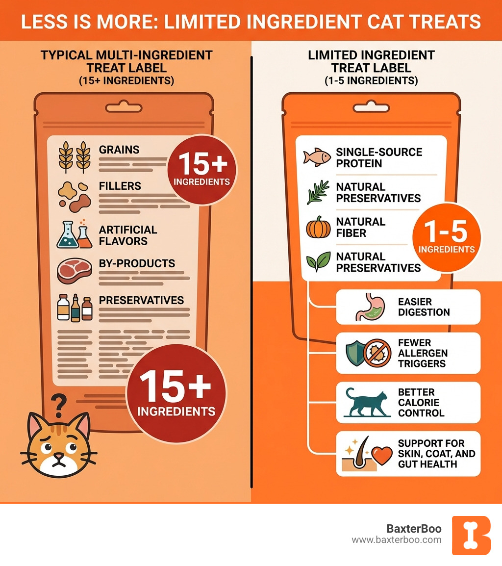 Infographic showing the "less is more" approach to limited ingredient cat treats: a side-by-side comparison of a typical multi-ingredient treat label with 15+ ingredients including grains, fillers, and artificial flavors versus a limited ingredient treat label with 1-5 ingredients like single-source protein and natural preservatives, with callout boxes showing benefits such as easier digestion, fewer allergen triggers, better calorie control, and support for skin, coat, and gut health - limited ingredient cat treats infographic Infographic showing the "less is more" approach to limited ingredient cat treats: a side-by-side comparison of a typical multi-ingredient treat label with 15+ ingredients including grains, fillers, and artificial flavors versus a limited ingredient treat label with 1-5 ingredients like single-source protein and natural preservatives, with callout boxes showing benefits such as easier digestion, fewer allergen triggers, better calorie control, and support for skin, coat, and gut health - limited ingredient cat treats infographic