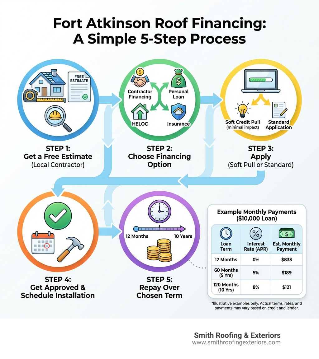 Infographic showing the Fort Atkinson roof financing process: Step 1 - Get a free estimate from a local contractor; Step 2 - Choose a financing option (contractor financing, personal loan, HELOC, or insurance); Step 3 - Apply with a soft credit pull or standard application; Step 4 - Get approved and schedule installation; Step 5 - Repay over chosen term (12 months to 10 years); includes example monthly payments for $10,000 loan at different rates and terms - fort atkinson roof financing options infographic Infographic showing the Fort Atkinson roof financing process: Step 1 - Get a free estimate from a local contractor; Step 2 - Choose a financing option (contractor financing, personal loan, HELOC, or insurance); Step 3 - Apply with a soft credit pull or standard application; Step 4 - Get approved and schedule installation; Step 5 - Repay over chosen term (12 months to 10 years); includes example monthly payments for $10,000 loan at different rates and terms - fort atkinson roof financing options infographic