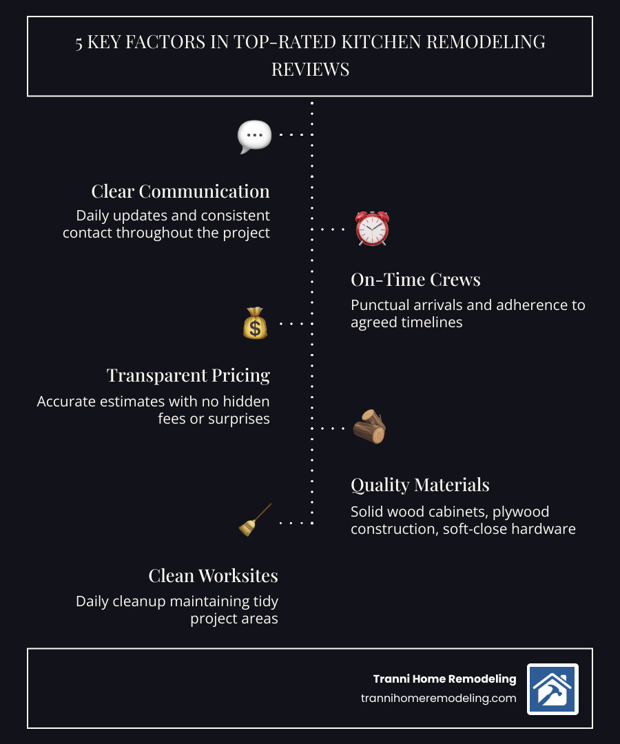 Infographic showing 5 key factors found in top-rated kitchen remodeling reviews: 1) Clear communication and daily updates, 2) On-time crews and accurate timelines, 3) Transparent pricing with no hidden fees, 4) Quality materials like solid wood and plywood cabinets, 5) Clean worksites maintained throughout the project — each factor displayed with an icon and a short description, arranged vertically with a clean, modern design - Kitchen remodeling reviews infographic infographic-line-5-steps-dark