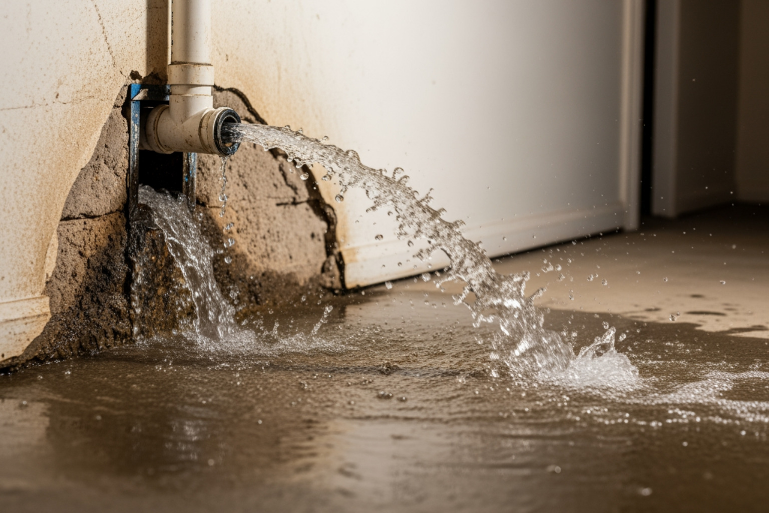 Burst pipe in a basement wall spraying water - emergency plumbing services franklin