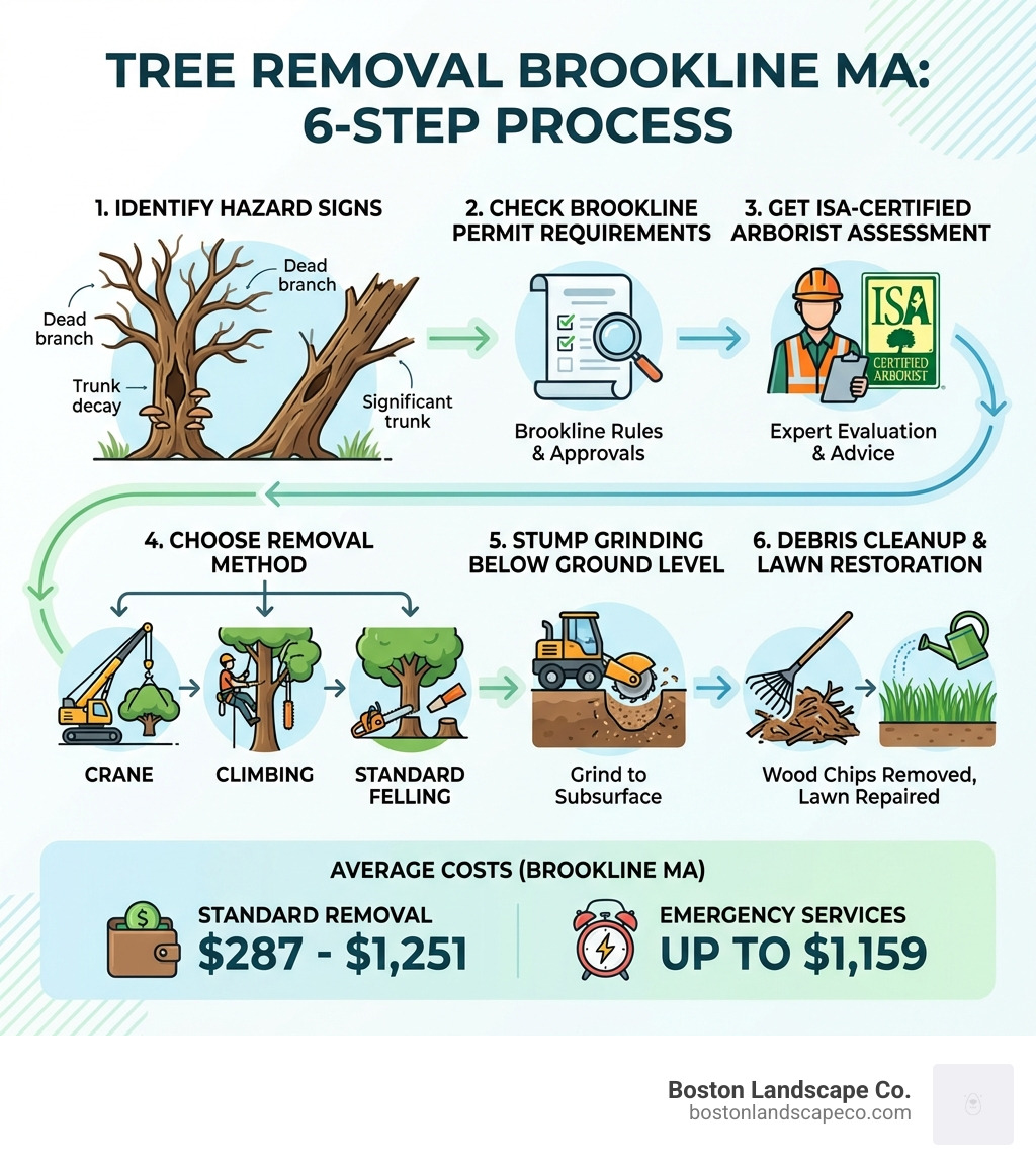 Step-by-step infographic showing the tree removal process in Brookline MA: Step 1 - Identify hazard signs (dead branches, decay, leaning trunk); Step 2 - Check Brookline permit requirements; Step 3 - Get an ISA-certified arborist assessment; Step 4 - Choose removal method (crane, climbing, or standard felling); Step 5 - Stump grinding below ground level; Step 6 - Debris cleanup and lawn restoration; with average costs ranging from $287 to $1,251 for standard removal and up to $1,159 for emergency services - tree removal brookline ma infographic 