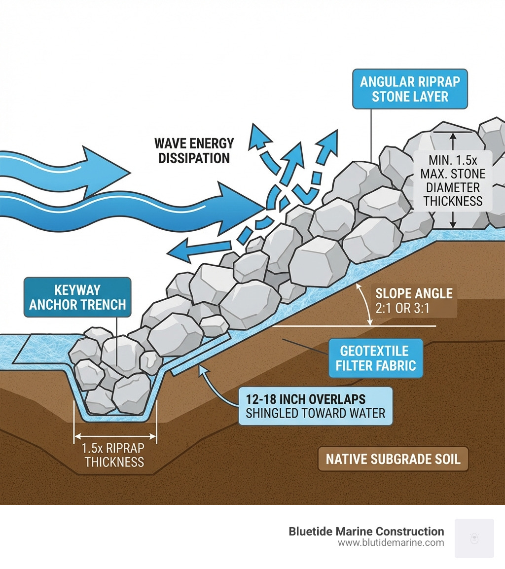 Infographic showing the cross-section layers of a riprap system from bottom to top: native subgrade soil, compacted subgrade, granular bedding or non-woven geotextile filter fabric with 12-18 inch overlaps shingled toward water, angular riprap stone layer at minimum 1.5x maximum stone diameter thickness, keyway anchor trench at toe of slope dug to 1.5x riprap thickness, with slope angle labeled at 2:1 or 3:1 horizontal to vertical ratio and arrows showing wave energy being dissipated by the stone surface - install rip rap infographic Infographic showing the cross-section layers of a riprap system from bottom to top: native subgrade soil, compacted subgrade, granular bedding or non-woven geotextile filter fabric with 12-18 inch overlaps shingled toward water, angular riprap stone layer at minimum 1.5x maximum stone diameter thickness, keyway anchor trench at toe of slope dug to 1.5x riprap thickness, with slope angle labeled at 2:1 or 3:1 horizontal to vertical ratio and arrows showing wave energy being dissipated by the stone surface - install rip rap infographic