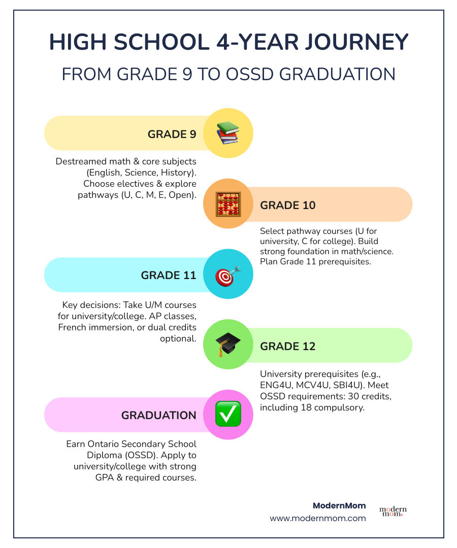 Infographic showing the four-year high school journey from Grade 9 to graduation, including course types (U, C, M, E, Open), core required subjects per year, key milestones like Grade 11 course selection and Grade 12 university prerequisites, AP and dual credit options, and a final checklist for graduation requirements including OSSD credits - High school courses infographic infographic-line-5-steps-colors Infographic showing the four-year high school journey from Grade 9 to graduation, including course types (U, C, M, E, Open), core required subjects per year, key milestones like Grade 11 course selection and Grade 12 university prerequisites, AP and dual credit options, and a final checklist for graduation requirements including OSSD credits - High school courses infographic infographic-line-5-steps-colors