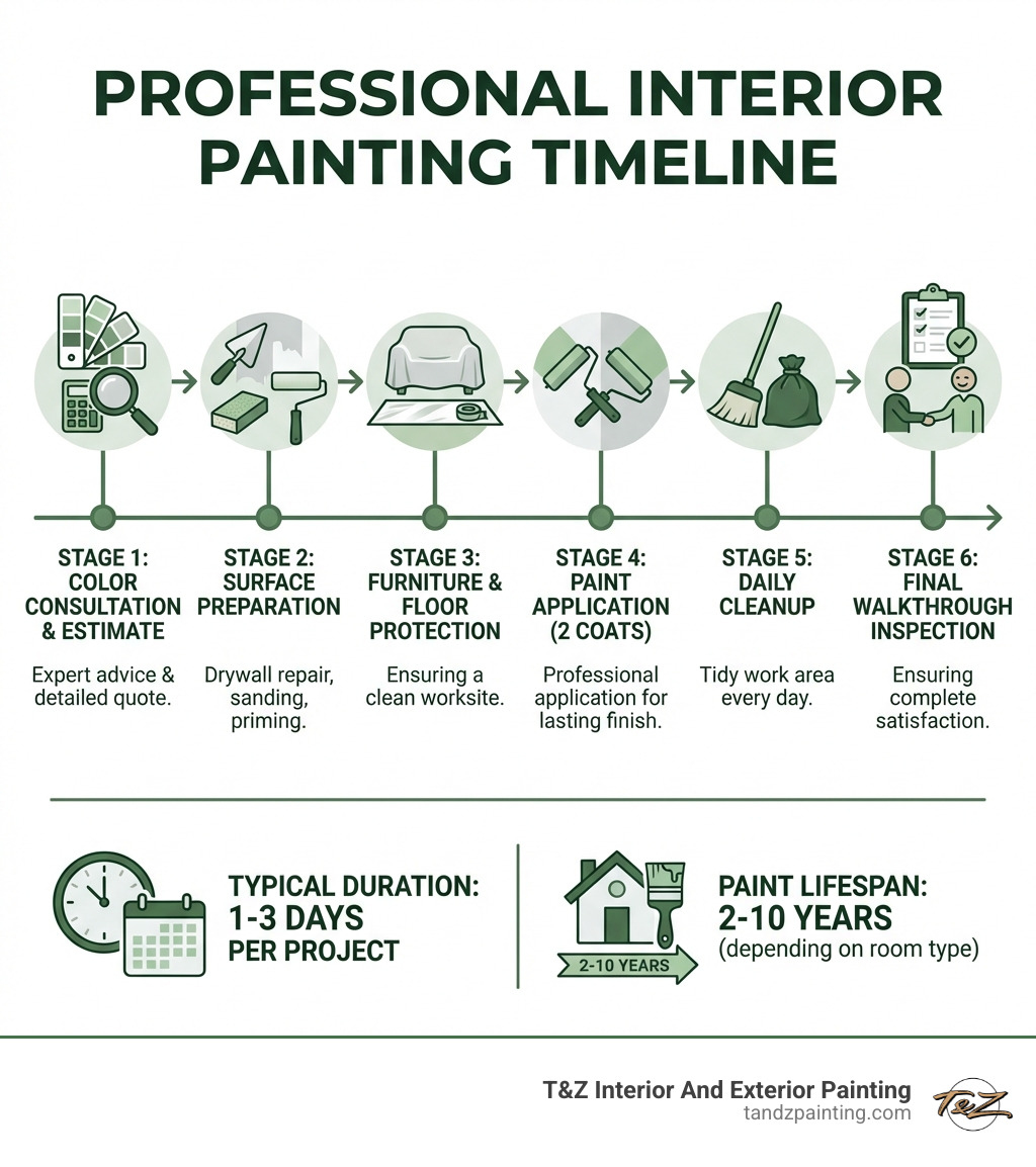 Infographic showing the professional interior painting timeline: Stage 1 - Color consultation and estimate; Stage 2 - Surface preparation (drywall repair, sanding, priming); Stage 3 - Furniture and floor protection; Stage 4 - Paint application (2 coats); Stage 5 - Daily cleanup; Stage 6 - Final walkthrough inspection; with typical duration of 1-3 days per project and paint lifespan of 2-10 years depending on room type - interior painting services elmhurst infographic 