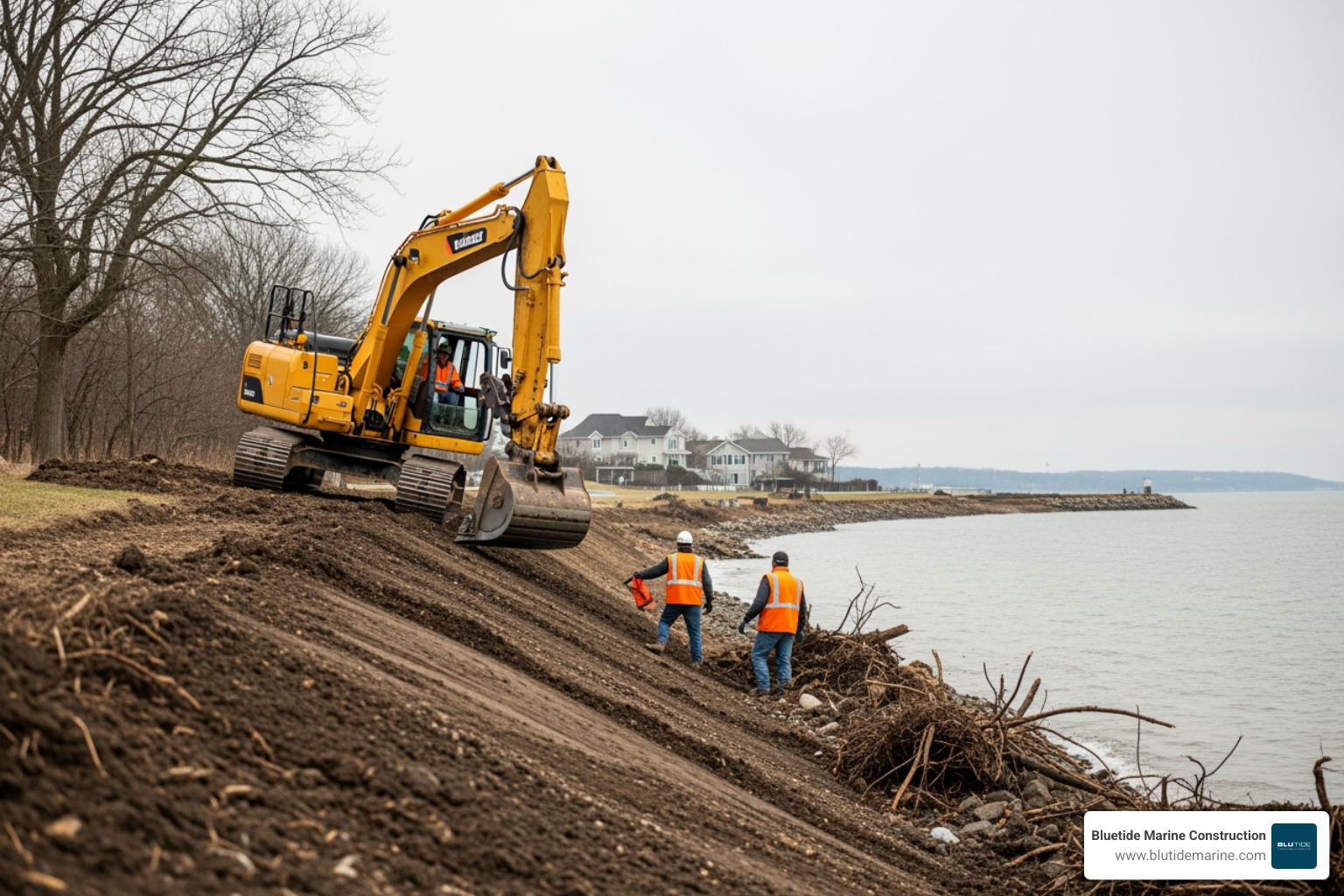 A crew using an excavator to grade a shoreline to a gentle slope, removing debris and preparing the subgrade for riprap installation - install rip rap A crew using an excavator to grade a shoreline to a gentle slope, removing debris and preparing the subgrade for riprap installation - install rip rap