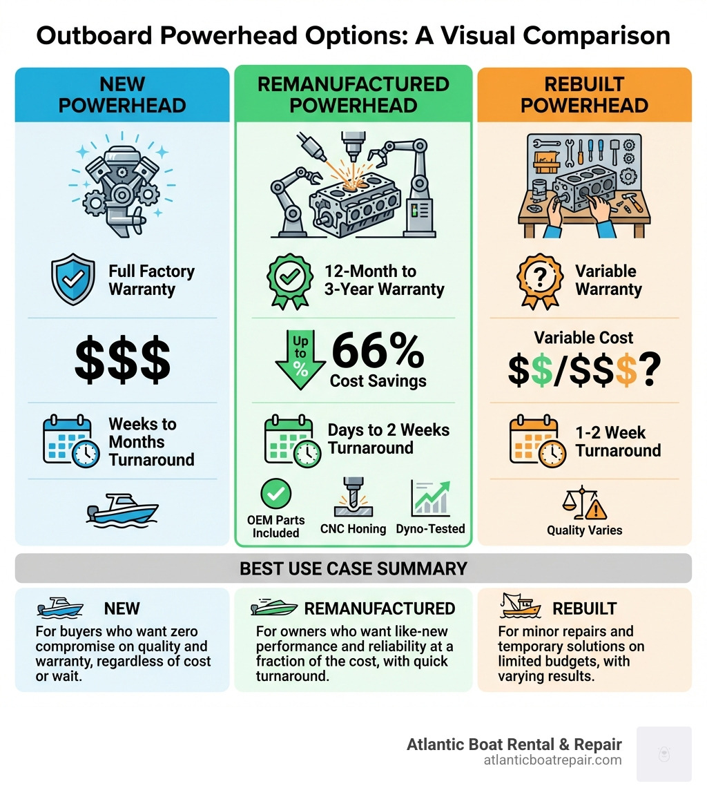 Infographic comparing new vs. remanufactured vs. rebuilt outboard powerheads, showing three side-by-side columns with icons for each option. New powerhead column: factory-fresh engine icon, full factory warranty badge, highest cost indicator ($), weeks-to-months turnaround. Remanufactured powerhead column: precision machining icon, 12-month to 3-year warranty badge, up to 66% cost savings indicator, days-to-2-weeks turnaround, OEM parts checkmark, CNC honing and dyno-tested labels. Rebuilt powerhead column: bench rebuild icon, variable warranty badge, variable cost indicator, 1-2 week turnaround, quality varies note. Bottom row summarizes best use case for each: New for buyers who want zero compromise; Remanufactured for owners who want like-new performance at a fraction of the cost; Rebuilt for minor repairs with limited budgets. - remanufactured outboard powerhead infographic 